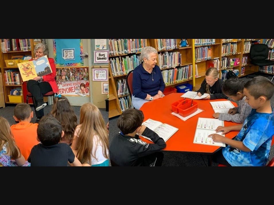 Joan Gabriele (left) and Josephine Brandenstein (right) join second grade students at the North Ridge Primary School in Commack as part of the GrandFriends Intergenerational Reading Partnership.