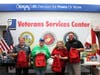 Present during the donation of backpacks for homeless veterans were (from l-r) Veterans Services team member Randy Wright, DAR members Patricia Rook and Rebecca Morgan, and Veterans Services program manager Todd Hughes