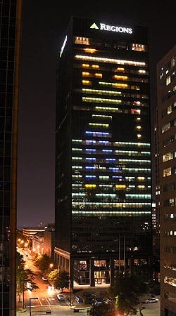 The Regions Center will be lit up in preparation for the May 8-12 golf event at Greystone.