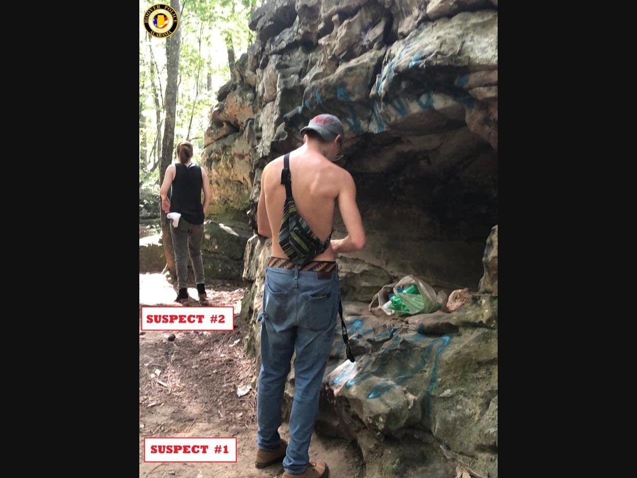 Police are trying to identify a pair accused of spraying graffiti on rocks at Moss Rock Preserve.