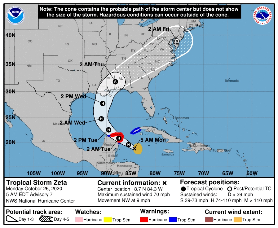 The National Hurricane Center is forecasting Zeta to arrive on the southeast Louisiana coast late Wednesday or Wednesday night.
