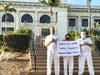 Tai Ji Men dizi hold a sign that reads “Taiwan Must STOP Abusing Taxpayer’s Human Rights Now!!!” in front of the San Buenaventura (Ventura) City Hall, California, on August 15, 2020.