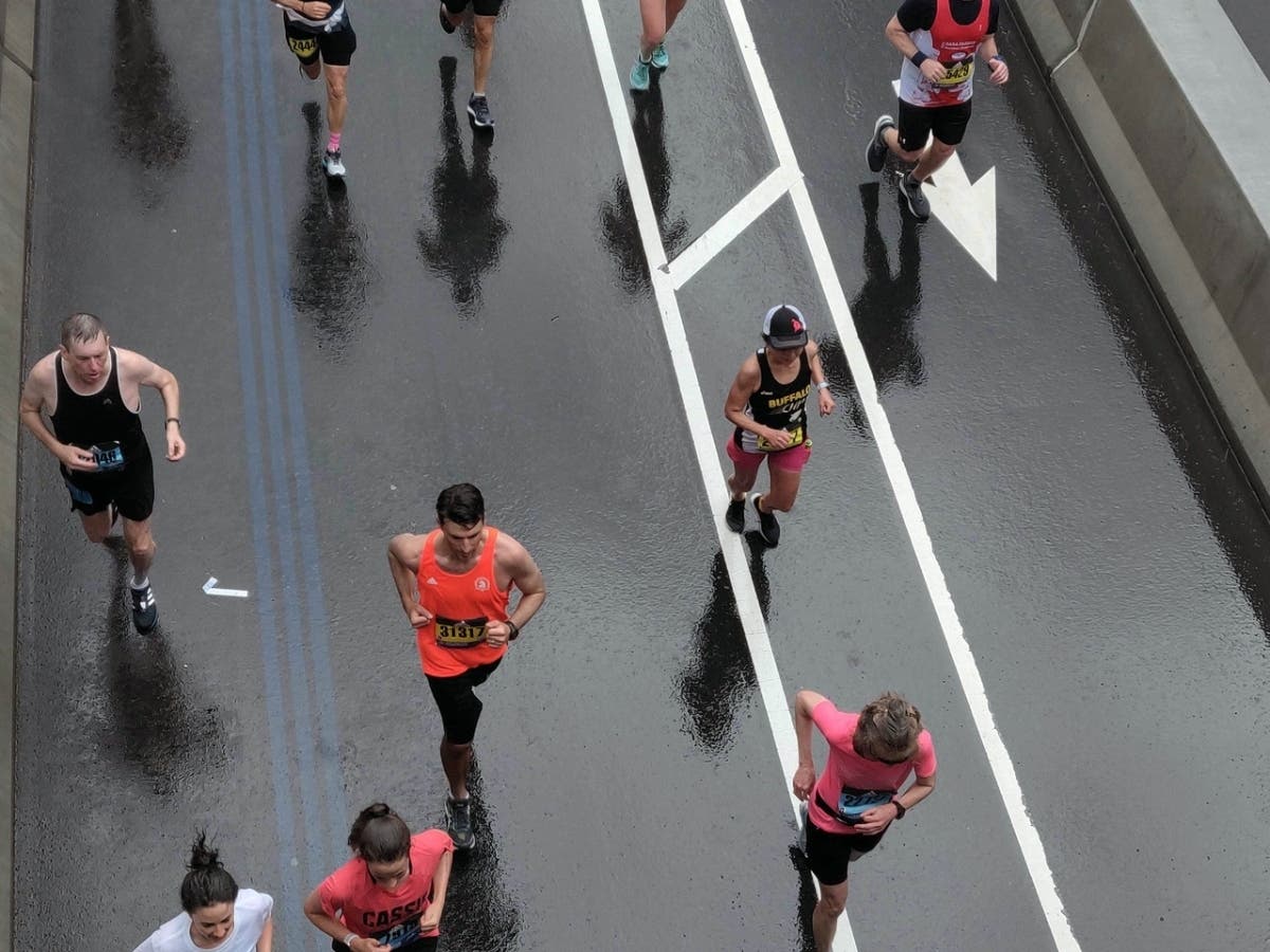 Participants compete during the Boston Marathon on April 15, 2019.