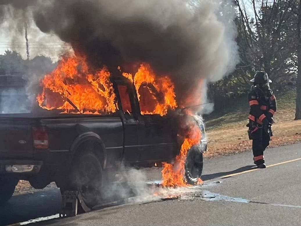 A pickup truck burst into flames on I-95. 