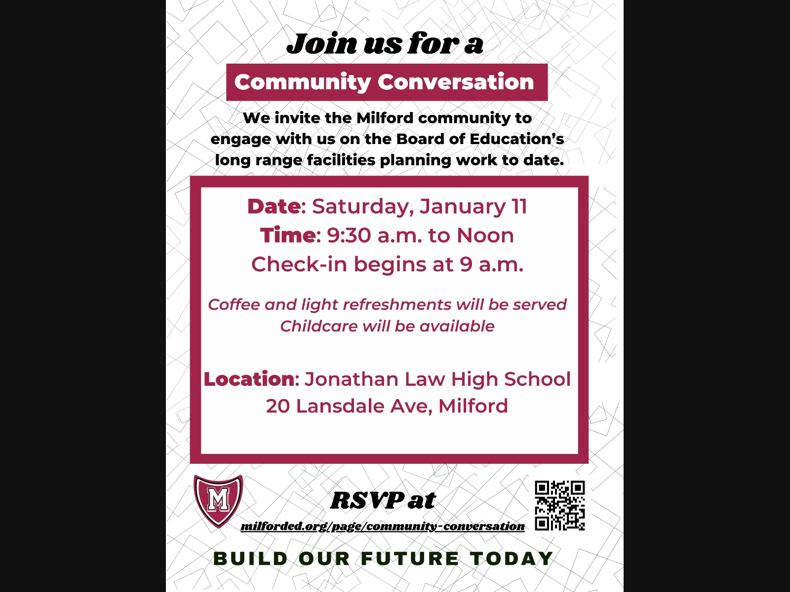 The community is invited to the conversation this weekend about the Board of Education's long range facilities planning work to date. 