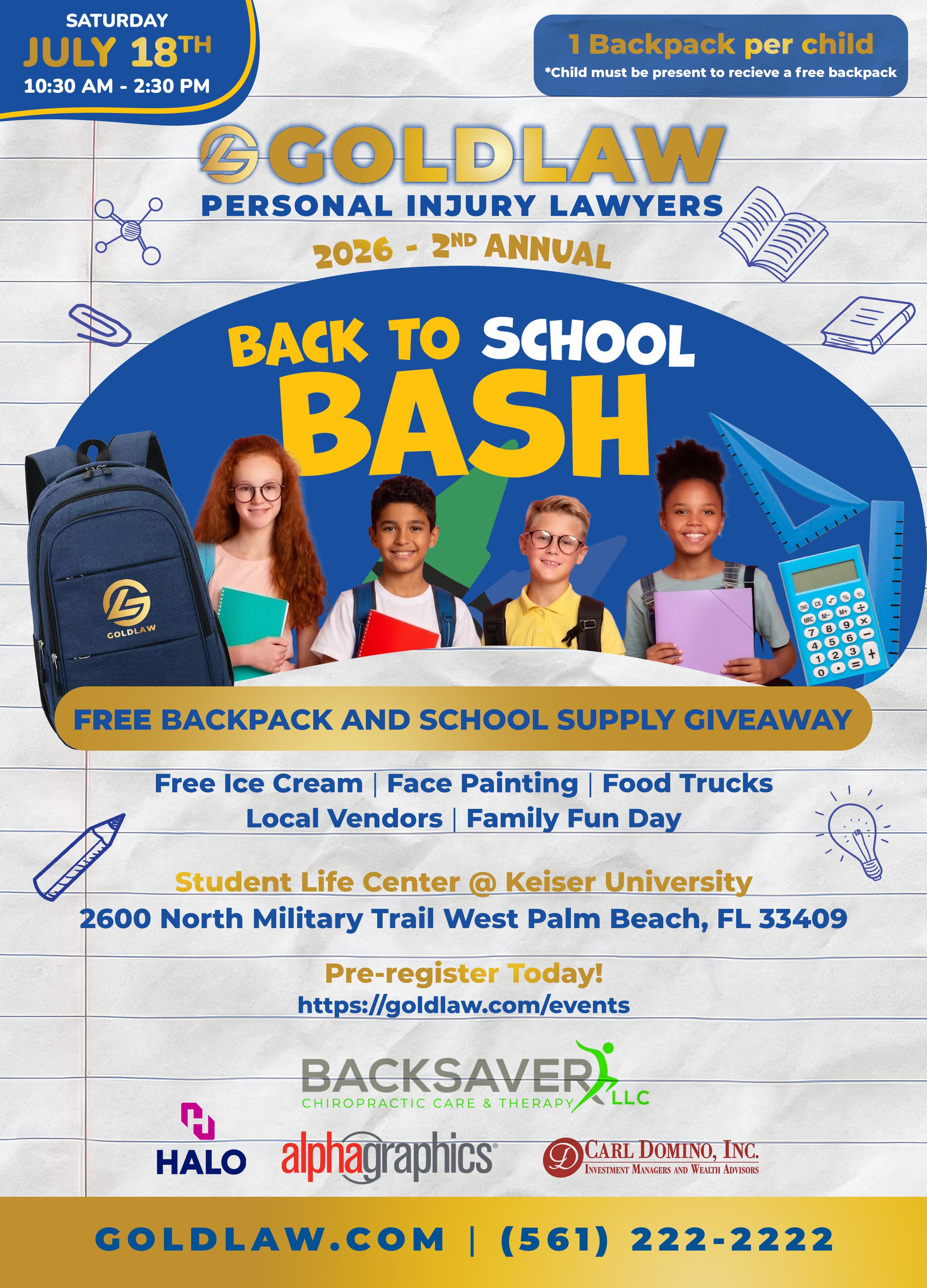 Second Annual GOLDLAW Back to School Bash with Backpack Giveaway