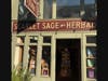 The Scarlet Sage Herb Co.’s olive façade as seen from the sidewalk.