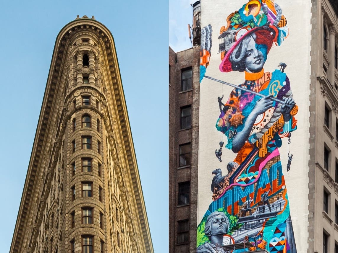 The Flatiron Building (left) and NoMad’s iconic mural, The Gilded Lady, by Tristan Eaton (right)