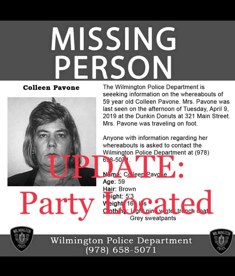 Colleen Pavone had been seen wearing a light pink winter trench coat and gray sweatpants on foot.