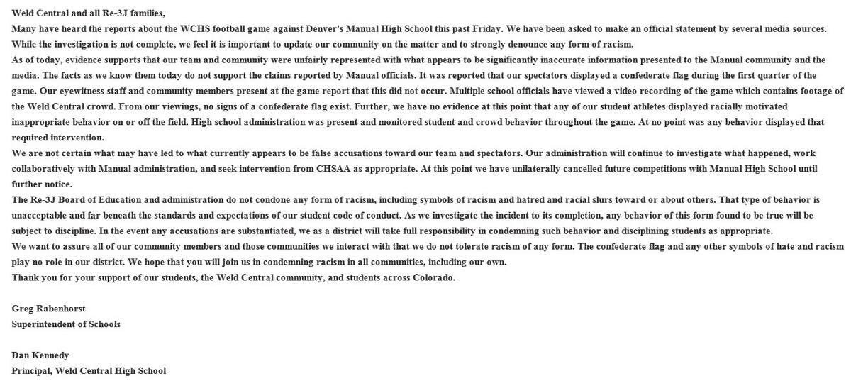 Weld Central response to accusations that football team members displayed a confederate flag during a Sept. 22 game at Manual HS in Denver.