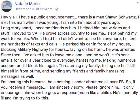 Facebook post by slain Broomfield teen Natalie Bollinger complaining that she was being stalked by Shawn Schwartz.