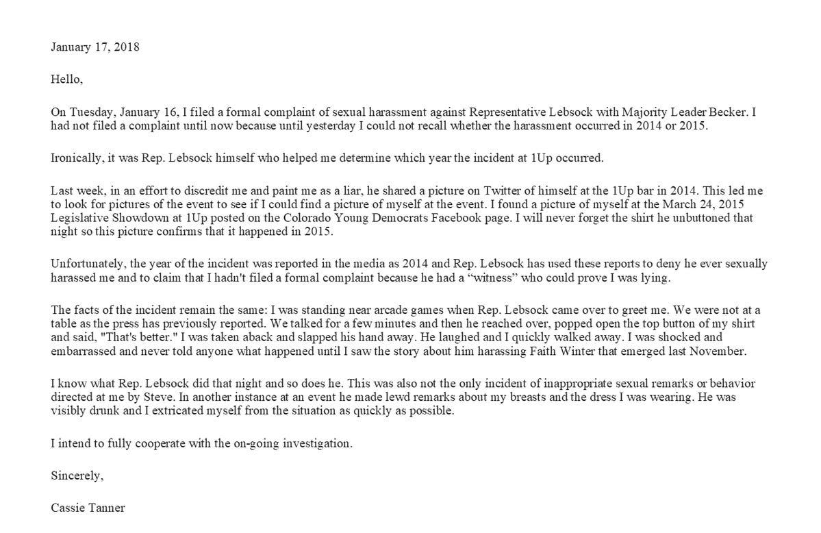 Statement released by legislative aide Cassie Tanner alleging State Rep. Steve Lebsock sexually harassed her. via Twitter