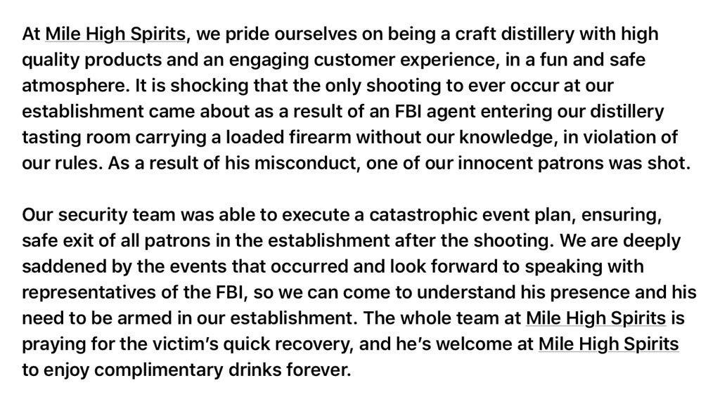 Statement from Mile High Spirits regarding FBI agent shooting.