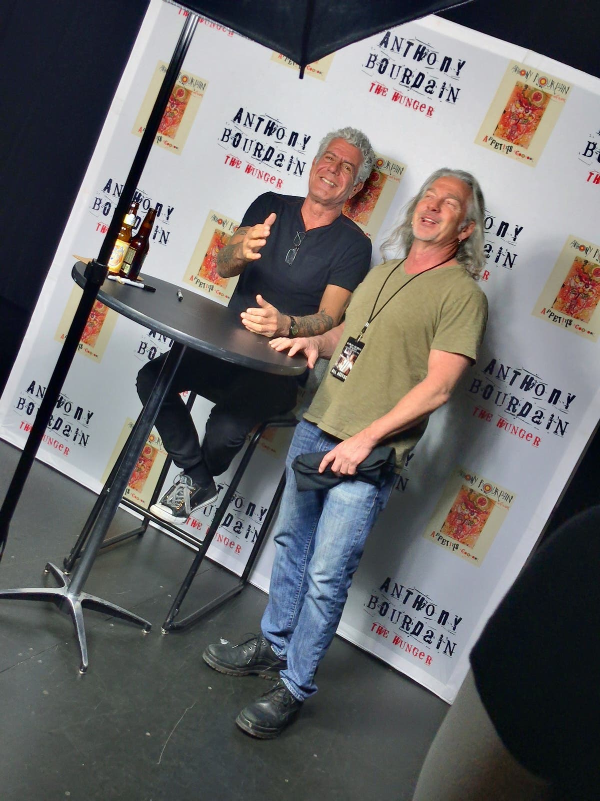 Anthony Bourdain and Jim Pittenger from Biker Jim's Hot Dogs via Jim Pittenger. 