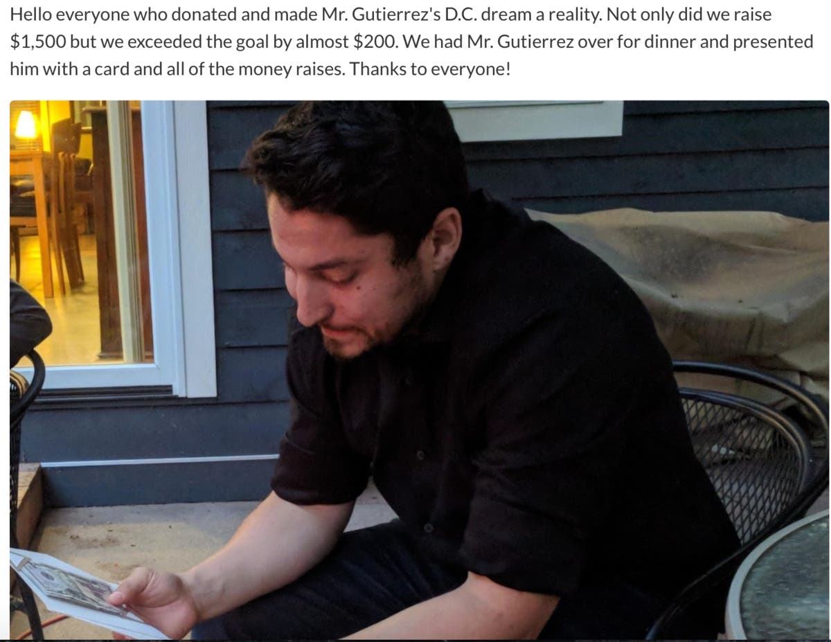 Image of Jared Gutierrez receiving card via GofundMe.