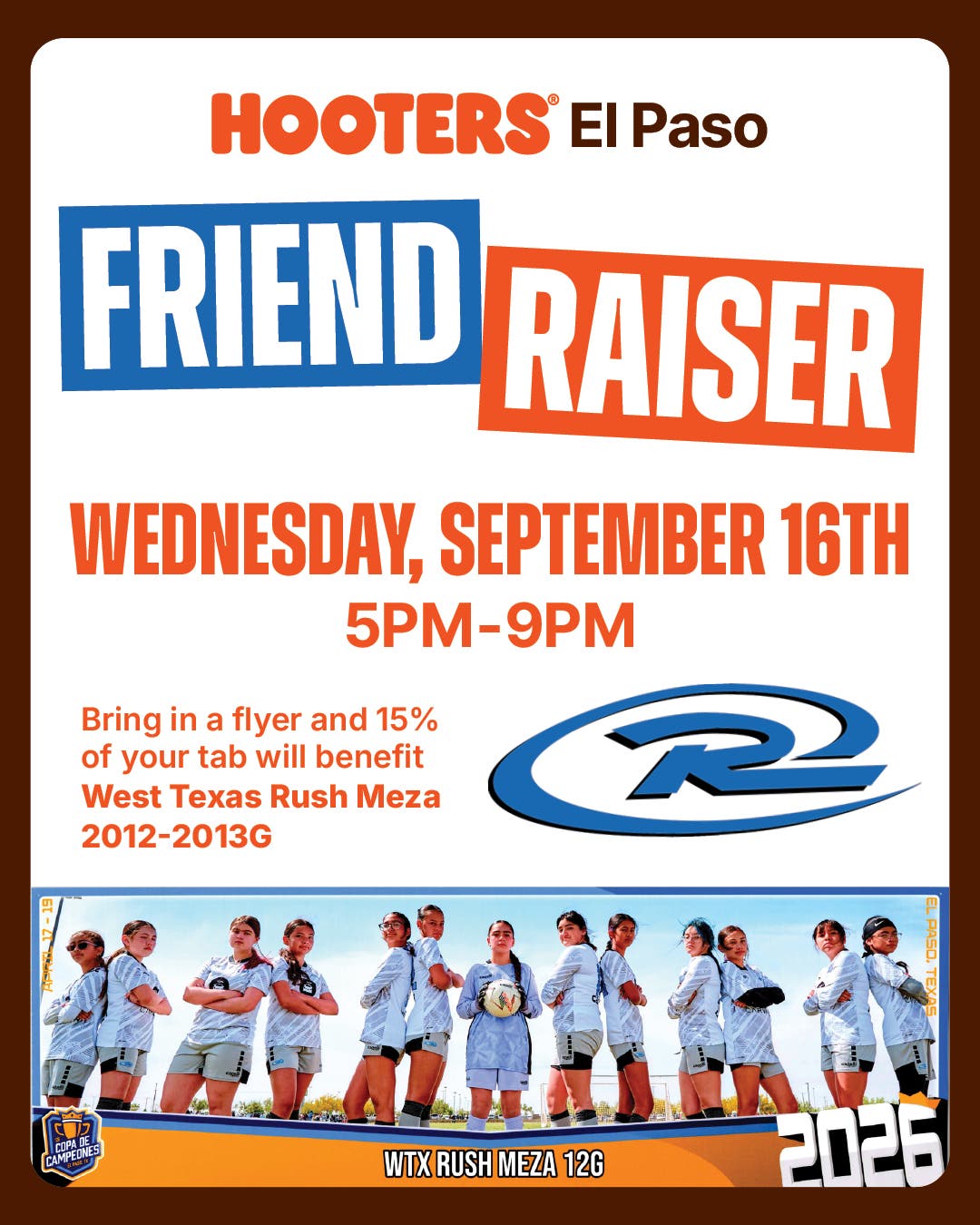 Hooters El Paso To Host Friendraiser for Local Girls Soccer Team, West Texas Rush Mesa
