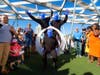 The Blue Men having fun at the Summer Block Party at The Lawn on D during the 2018 Drum-Off competition