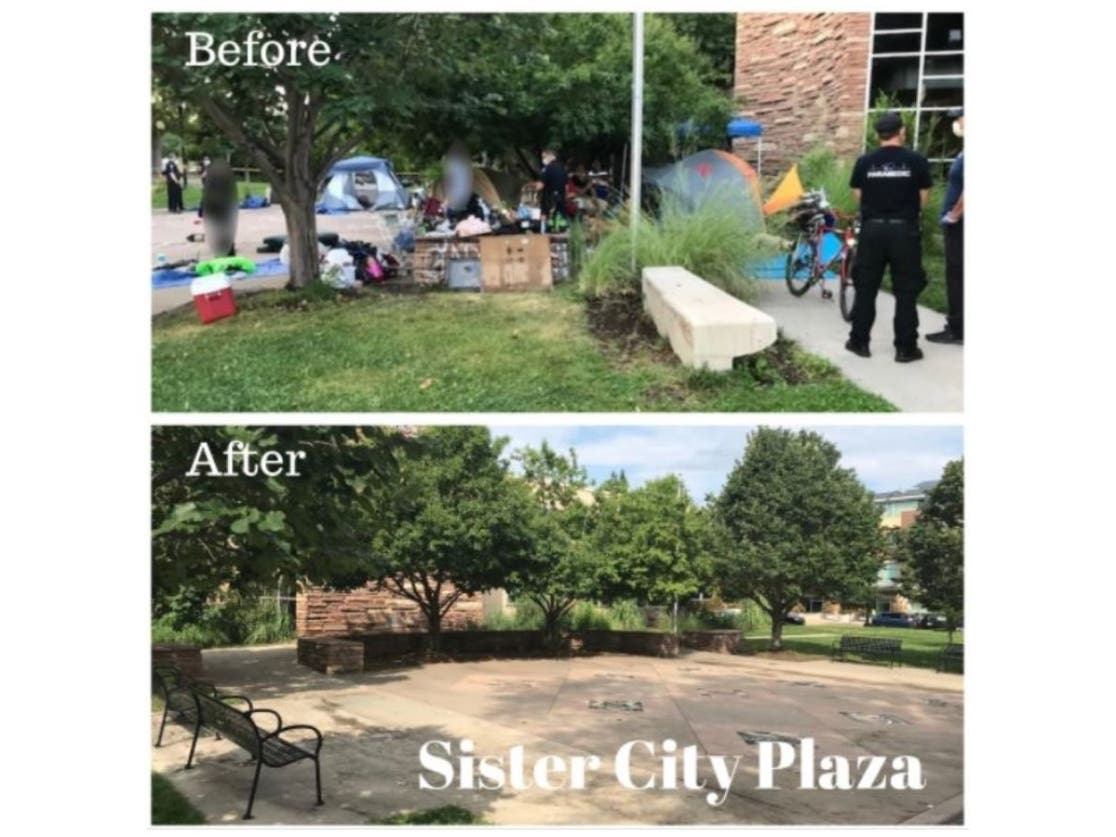 The city of Boulder published before and after photos of one of the city's encampments at Sister City Plaza.