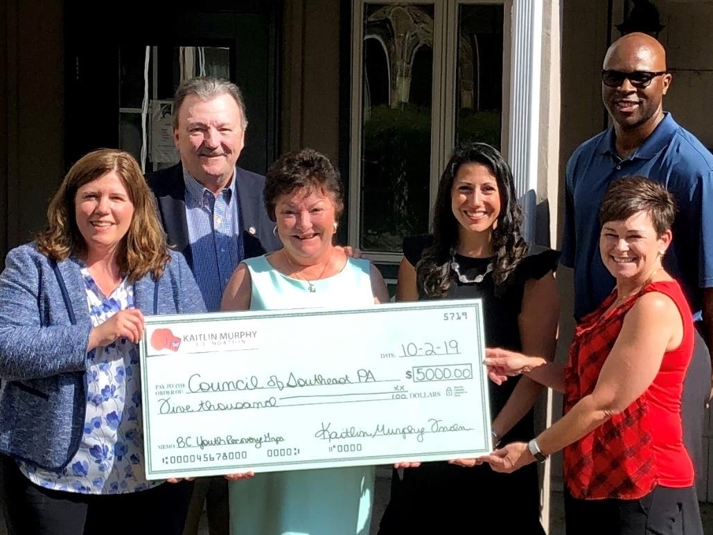 KMF Board Members Tim, Pat & Annemarie Murphy present grant for Alcohol & Drug Education program at the BC Youth Ctr to The Council’s Exec Dir Jennifer King, BC Youth Ctr Trtmnt Sup Broderick President and The Council’s Dir Intervention Srvcs Heidi Gordon