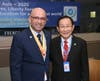 Dr. Hong, Tao-Tze, president of FOWPAL, right, and Ali Gedikoglu, president of COJEP International, exchange ideas of peace and conscience at a conference co-hosted by COJEP International and FOWPAL at the UN in New York. 