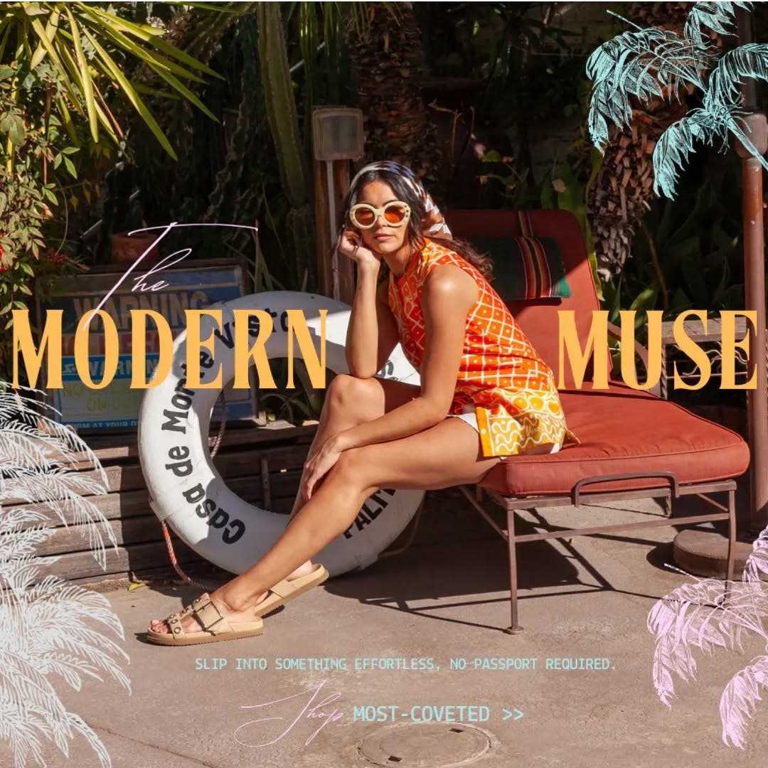 woman in sandals and sunglasses sitting on orange lounge chair next to life ring