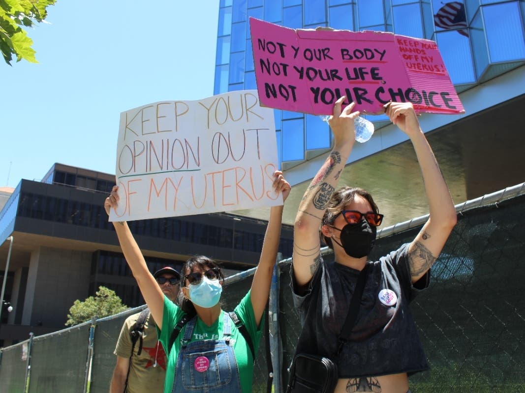 Protestors joined together outside the US Courthouse in downtown Los Angeles after the court's historical decision to overturn Roe v. Wade on Friday. 