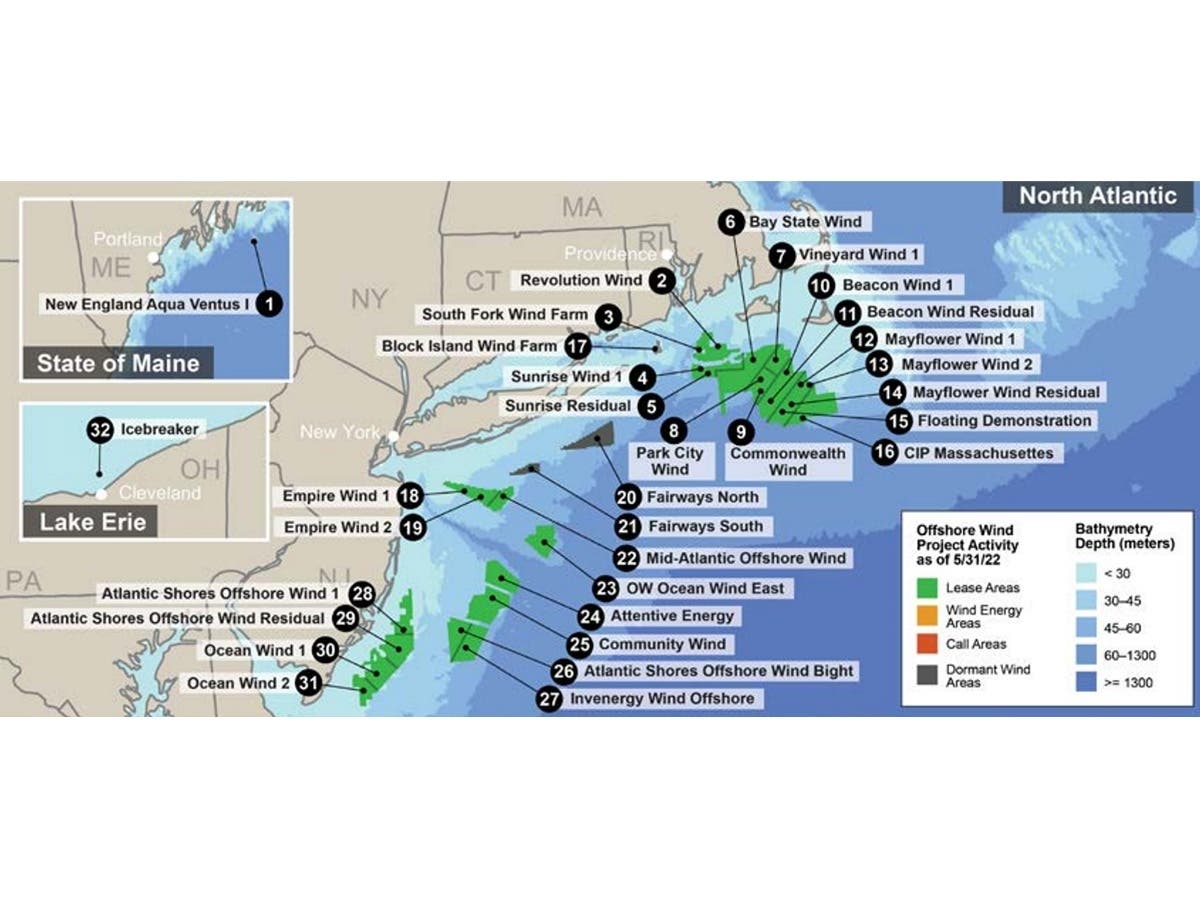 Locations of planned U.S. offshore wind activity as of May 31, 2022. These are proposed wind turbine sites submitted to the U.S. federal government; few of these sites have been built out yet.