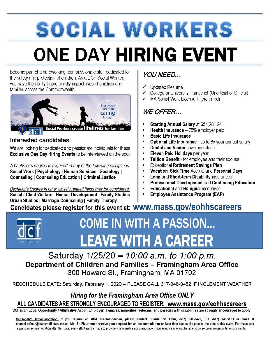 Jan 25 Social Workers One Day Hiring Event Natick MA Patch