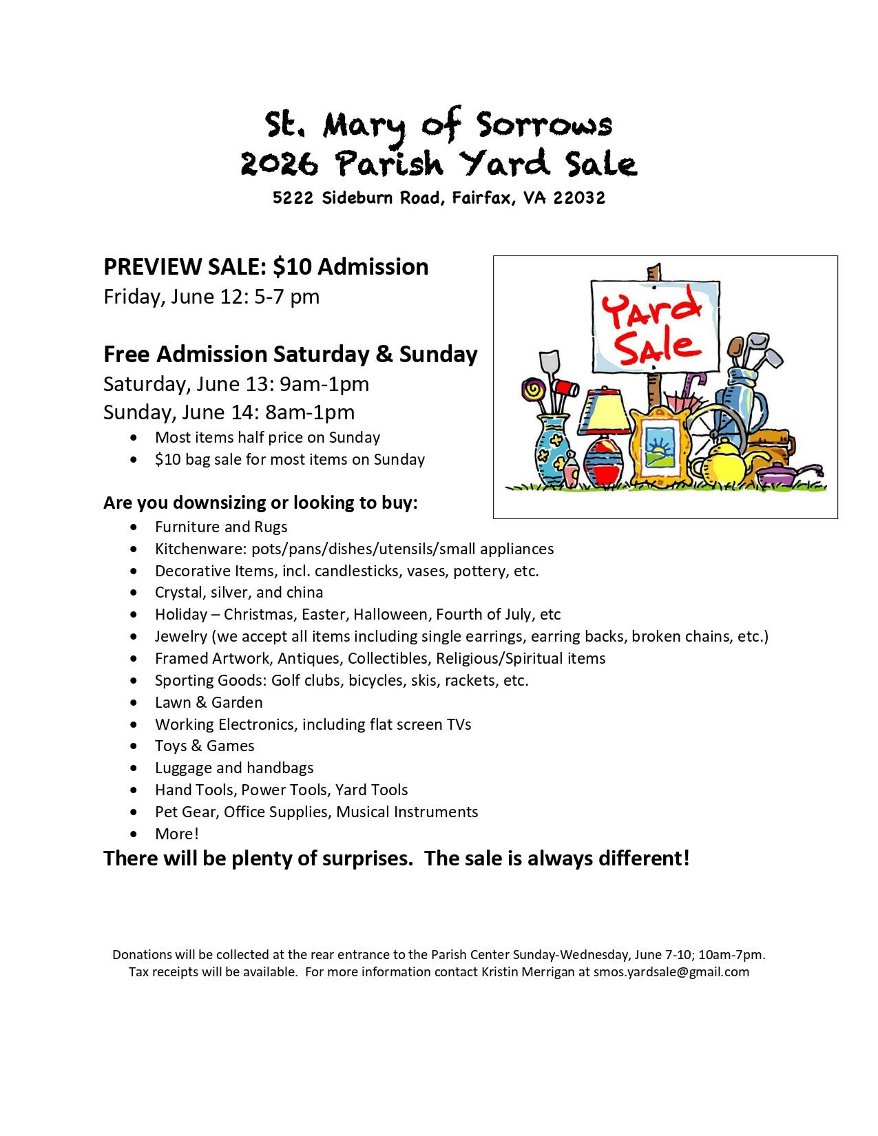 St. Mary of Sorrows 2026 Parish Yard Sale