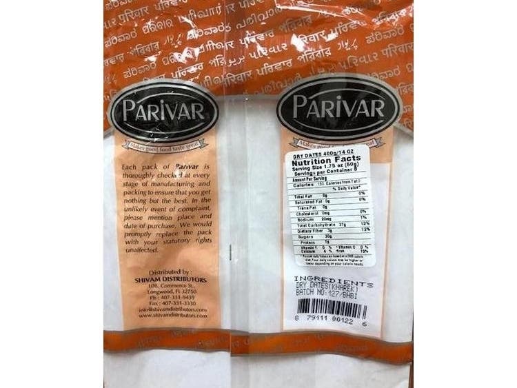 Shivam Distributors of Longwood is recalling its 14-ounce packages of Dry Dates because they contain high sulfite.