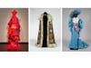 From left, Lesley Dill's Red Ecstasy Dress from Divide Light, 2008; Alexander Golovine's clock for Ivan Tsarevitch in L 'Oiseau de Feu, 1910; and Robert Indiana's costume for Lillian Russell in The Mother of Us All, 1976.