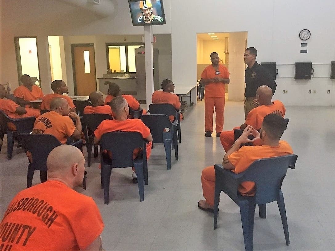 Sheriff Chad Chronister talks to inmates at the Falkenburg Road Jail.