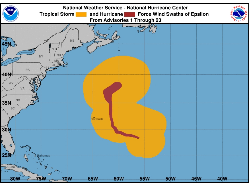 According to the NHC's update on Saturday, Epsilon remains a large hurricane as it turns northeast toward the Atlantic coast. 