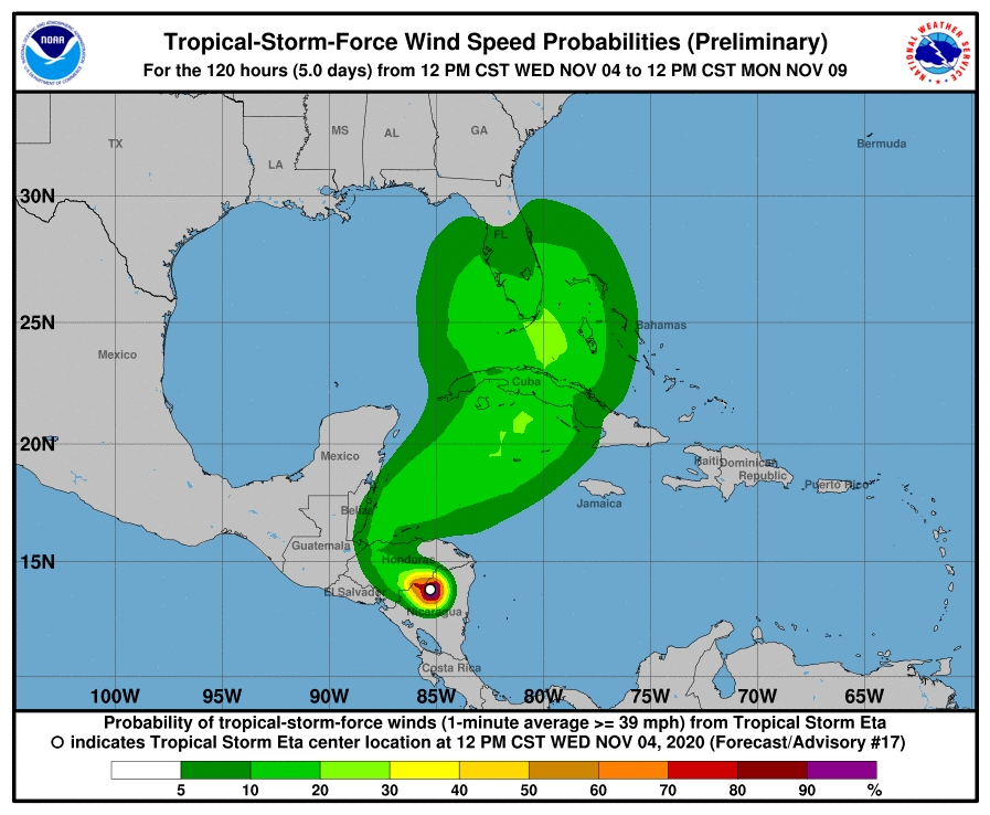 the National Hurricane Center in Miami said Eta is forecast to regain tropical storm strength before it approaches southern Florida this weekend.