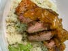 Landon Sims (Decatur, Georgia) - Signature dish: Surf and Turf Coconut Basmati Rice featuring wild-caught sockeye salmon and smoked bison flank steak, topped with a Caribbean chutney and signature whiskey peach BBQ sauce. 