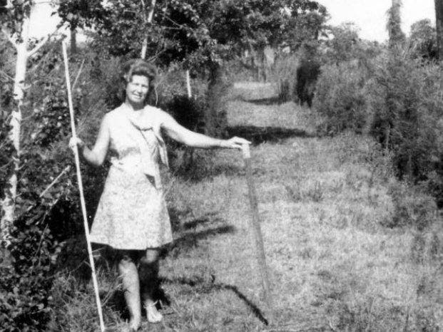 Gladys Dougkas-Hackworth poses on the scrub land in 1971. 