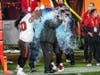 Head Coach Bruce Arians is drenched in champagne following the Bucs' win. 