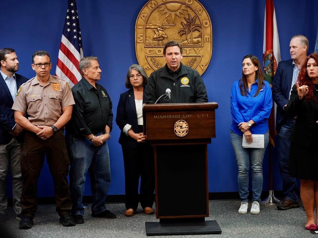 Gov. Ron DeSantis visited the Miami-Dade Emergency Operations Center and Surfside Sunday to discuss emergency response efforts. 