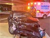 A dramatic three-vehicle crash Saturday night sent four people to the hospital, but none of the injuries were life-threatening.