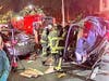 A dramatic three-vehicle crash Saturday night sent four people to the hospital, but none of the injuries were life-threatening.