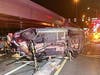 A dramatic three-vehicle crash Saturday night sent four people to the hospital, but none of the injuries were life-threatening.