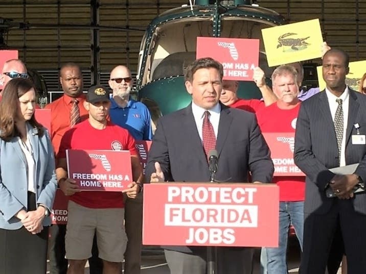 Speaking at St. Pete-Clearwater International Airport Thursday, Florida Gov. Ron DeSantis said he's calling for a special legislative session in November to consider legislation that would penalize businesses that fire workers. 