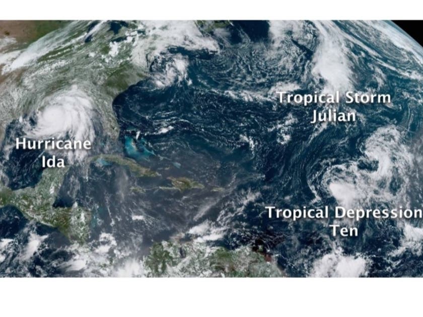 GeoColor image of Hurricane Ida, Tropical Storm Julian and Tropical Depression 10 (which intensified into Tropical Storm Kate on Aug. 30) from NOAA's GOES-16 satellite on Aug. 29.