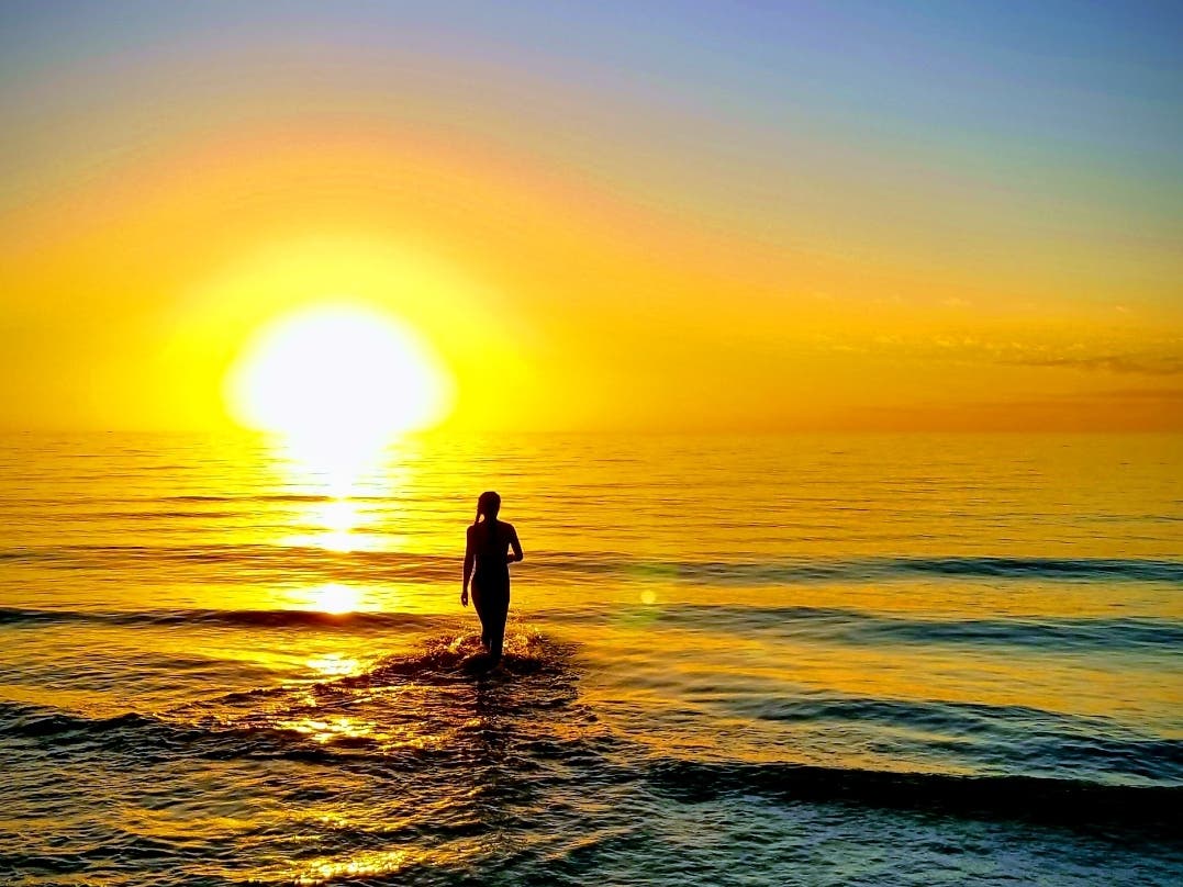 Stu Rhodes photographed this long beach comber walking in the surf at sunset. 