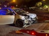 The Florida Highway Patrol is searching for the driver of a Toyota Corolla, which struck a Mazda 3, causing it to crash into a building.
