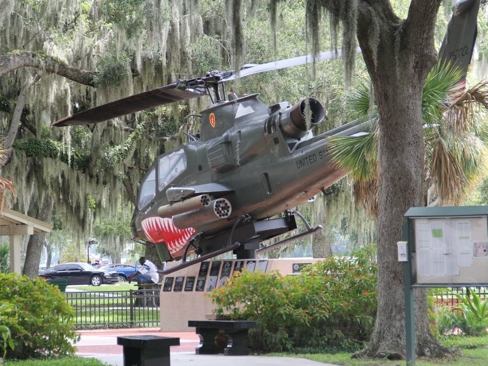 Among the memorabilia on display at Veterans Memorial Park is a Vietnam-era Huey helicopter. 