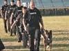 The five K-9 graduates and their partners march out onto the field at Pinellas Park High School. 