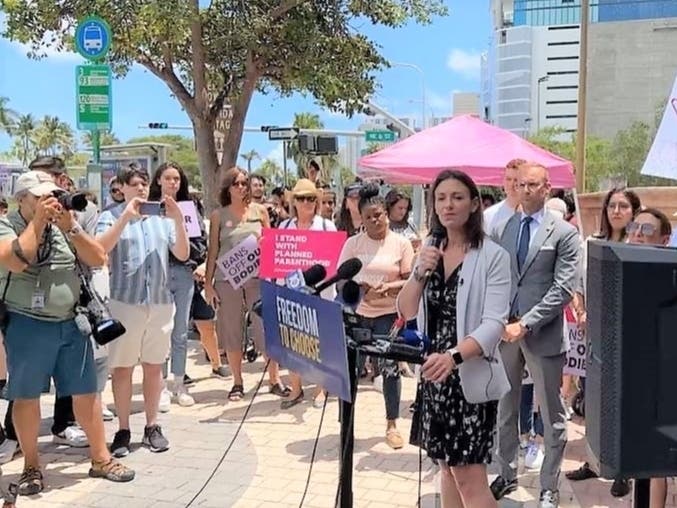 Florida Commissioner of Agriculture Nikki Fried, a pro-choice advocate, speaks at a rally in Miami Tuesday held in reaction to the SCOTUS draft to repeal Roe v. Wade.
