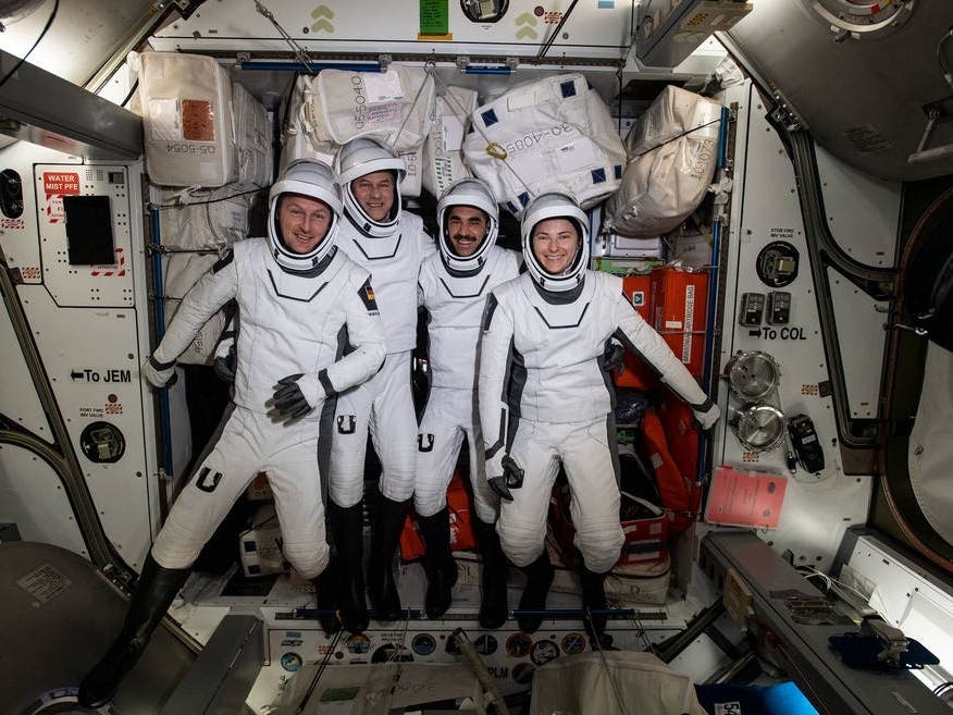 From left are European Space Agency astronaut Matthias Maurer and NASA astronauts Tom Marshburn, Raja Chari and Kayla Barron.
