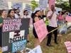 Gov. Ron DeSantis is greeted by student, parent and teacher protesters Sunday, the last day of his "Education Tour."